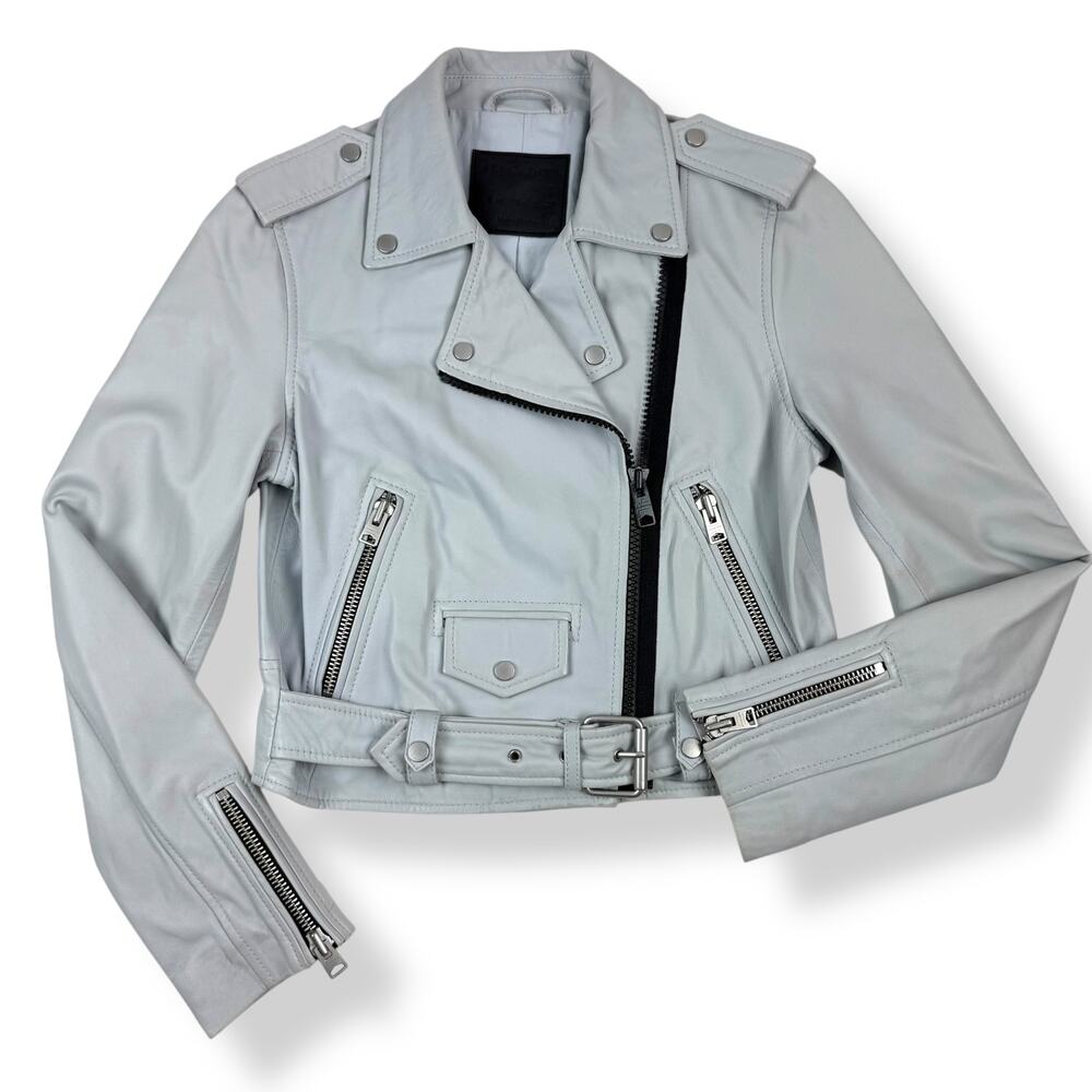 ALL SAINTS baby blue gray lamb leather BARON Biker motorcycle cropped jacket - Picture 6 of 16